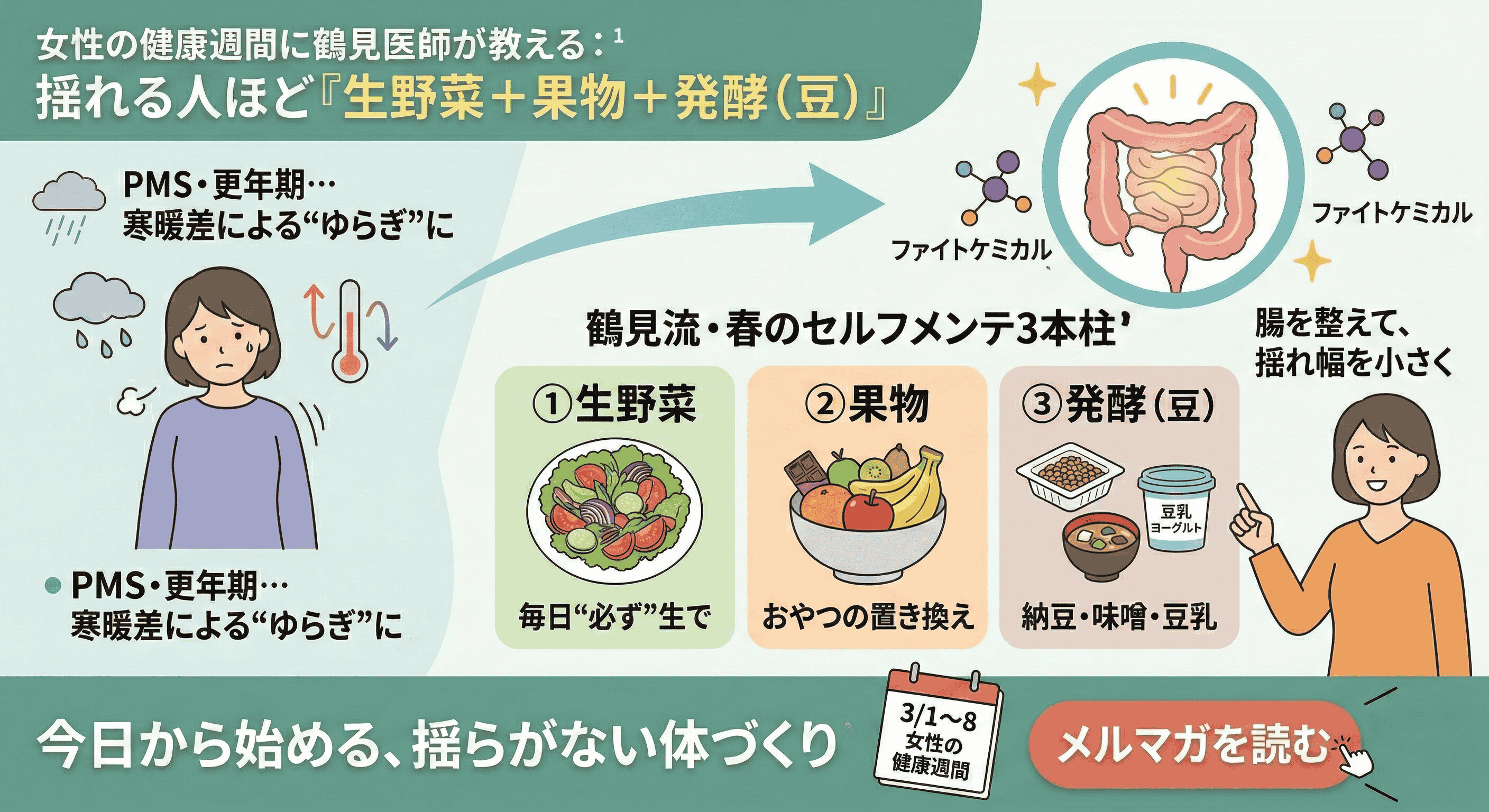 女性の健康週間に鶴見医師が伝えたいこと： 揺れる人ほど『生野菜＋果物＋発酵（豆）』